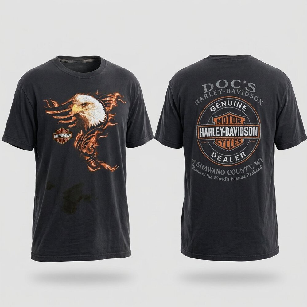 Harley-Davidson Tee‎ T-Shirt XL Flaming Eagle Wings 2010 MARKS Shawano Beefy-T